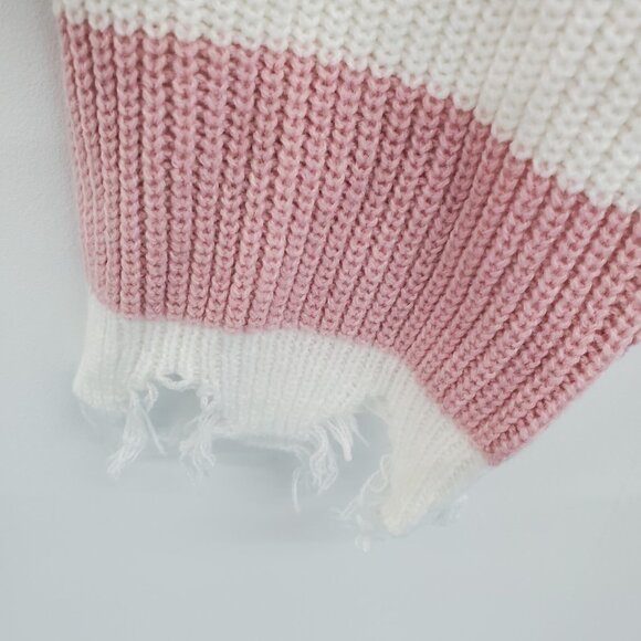 Womens L Striped Distressed Cropped Sweater Pink White Long Sleeve Grunge Y2K - Picture 8 of 16